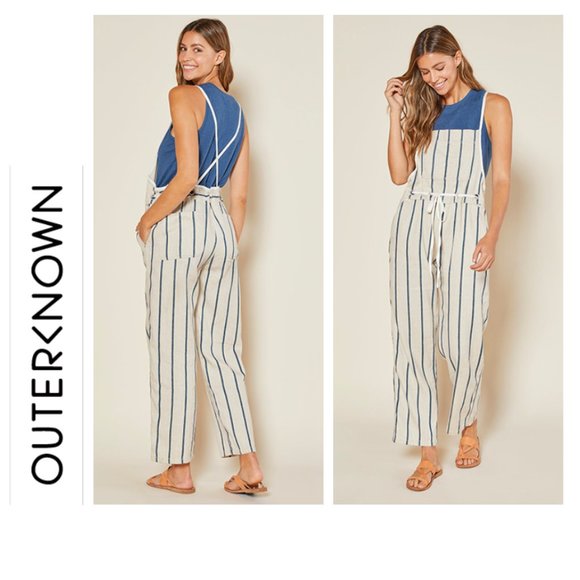 NWT Outerknown Topanga Overals Flax Noa Stripe sz L - Picture 1 of 2